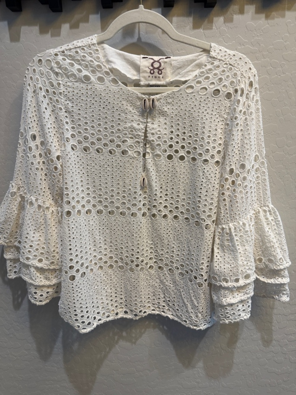 Figue White Eyelet Lace Peasant Blouse with Ruffle Sleeves
